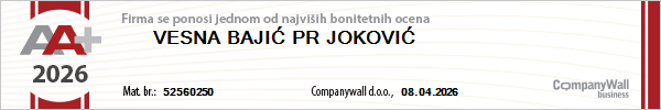 Bonitetni sertifikat A+ 2026 za Vesna Bajić PR Joković